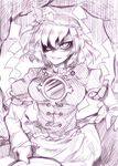  breasts evil_grin evil_smile grin hair_ornament kazetto large_breasts leaf monochrome open_mouth rope shimenawa short_hair sitting sketch smile solo touhou yasaka_kanako 