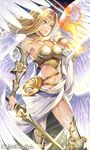  angel angel_wings armor bare_shoulders blonde_hair choker collarbone fire gauntlets greaves green_eyes halo ikeda_yasuhiro impossible_clothes lips long_hair magic midriff multiple_wings navel original seraph solo sword thighhighs tiara weapon wings 