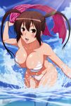 1girl absurdres bikini breasts brown_hair cleavage cloud highres large_breasts long_hair midriff musubi open_mouth sekirei sky swimsuit twintails water 
