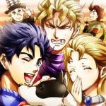  4boys blonde_hair blue_eyes blue_hair brown_hair danny_(jojo) dog erina_pendleton fangs great_dane hat jojo_no_kimyou_na_bouken jonathan_joestar joseph_joestar_(young) lowres multiple_boys phantom_blood red_eyes robert_eo_speedwagon scar scarf tazawa_(odamura) v wings 