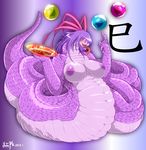  5_fingers anthro big_breasts blue_background bowl breasts chubby claws female forked_tongue hair huge_breasts long_tongue looking_at_viewer naga nipples nude overweight plain_background purple_body purple_hair purple_nipples purple_scales reptile ribbons scalie snake tongue tongue_out ymbk 