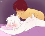  2018 4_fingers anal anthro asriel_dreemurr blush brown_hair butt deltarune dezz duo fingers fisting fur hair hair_over_eyes horn human human_on_anthro interspecies kris_(deltarune) long_ears lying male male/male mammal muscular muscular_male naughty_face on_front pillow purple_background raised_tail sex simple_background smile sweat sweatdrop tan_skin tuft undertale video_games white_fur wide_eyed 