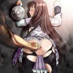  1girl akemi_homura anal anal_fingering anus ass black_hair blush breasts censored dark_skin fingering from_above highres homura_akemi long_hair mahou_shoujo_madoka_magica mosaic_censoring nipples pantyhose pussy small_breasts solo_focus tears torn_clothes torn_pantyhose youkai_ankake 