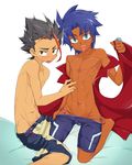  2boys :p beyblade blue_eyes blue_hair blush bulge grey_hair joshitsu_(zion16wh) kadoya_masamune king king_(beyblade) long_jacket male_focus masamune_kadoya metal_fight_beyblade multiple_boys open_mouth penis shorts yaoi 