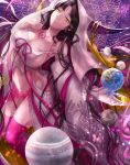  absurdres armpits bare_shoulders black_hair breasts cleavage collarbone commentary_request detached_sleeves earth facial_mark fate/grand_order fate_(series) forehead_mark habit highres horns jupiter large_breasts looking_at_viewer navel noppyokko parted_lips pink_legwear revealing_clothes sesshouin_kiara sideboob slit_pupils smile solo stomach tattoo thighhighs veil wavy_hair wide_sleeves yellow_eyes 