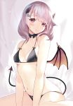  bangs bikini black_bikini blush breasts closed_mouth commentary_request demon_girl demon_horns demon_tail eyebrows_visible_through_hair hair_ornament hairclip horns lingerie looking_at_viewer machimura_komori medium_breasts navel original purple_eyes purple_hair sitting smile solo swimsuit tail underwear wariza wavy_hair 