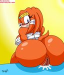  adc1309 anthro big_breasts big_butt blue_eyes blush bottomless breasts butt echidna erect_nipples female hair huge_breasts huge_butt jmynstyx looking_at_viewer looking_back nipples orange_hair plain_background pussy sega solo sonic_(series) sonic_team tikal_the_echidna yellow_background 