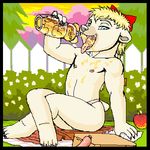  2012 anthro apple bear bottle bow cub drinking female flat_chested fruit honey koguma_no_misha looking_at_viewer mammal mariano misha nipples outside solo topless young 