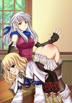  artemisumi ass blonde_hair clenched_teeth crossover fire_emblem fire_emblem:_akatsuki_no_megami highres micaiah pantyhose pyrrha_alexandra radiant_dawn scarf soul_calibur soulcalibur_v spanked tears teeth white_hair 