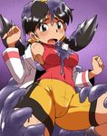  bike_shorts black_hair brown_eyes crystal_(pokemon) detached_sleeves earrings hun jewelry open_mouth pokemon pokemon_special slime solo sweatdrop twintails 