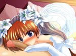  blush bridal_veil bride brown_hair dress esuesu fellatio flower gloves long_hair lyrical_nanoha mahou_shoujo_lyrical_nanoha mahou_shoujo_lyrical_nanoha_strikers nanoha_takamachi oral penis sucking_testicles takamachi_nanoha testicles veil wedding_dress 