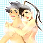  black_hair blush breast_press breasts breasts_on_back high_ponytail hug hug_from_behind ibuki_(street_fighter) large_breasts lowres makoto_(street_fighter) multiple_girls nude shao.fui short_hair street_fighter yuri 
