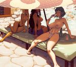  ^_^ ahoge barefoot beach_umbrella bike_shorts black_hair blonde_hair breasts closed_eyes dark_skin drink drinking_straw fan flat_chest fundoshi green_hair grin hair_ribbon hot huge_breasts japanese_clothes kufei large_breasts long_hair mahou_sensei_negima! multiple_girls nagase_kaede navel nipples puffy_nipples reclining ribbon short_hair short_twintails sidelocks sitting smile soumakyo sweat tatsumiya_mana toes toned topless twintails umbrella 