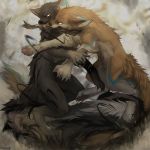  2018 ambiguous_gender angiewolf black_fur canine claws digital_media_(artwork) duo feral fur mammal tan_fur 