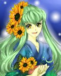 artist_request bangs c.c. code_geass flower green_hair happy japanese_clothes kimono long_hair smile solo sunflower yellow_eyes 