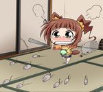  angry bag baseball_bat blush brown_hair celebi_ryousangata chibi fume green_eyes idolmaster idolmaster_(classic) idolmaster_1 jar lowres non-web_source poverty raglan_sleeves rat sad short_hair solo takatsuki_yayoi tatami tears twintails 