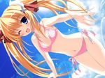  bikini blonde_hair blue_eyes blush cloud day dutch_angle flat_chest game_cg hair_ribbon hands hare_hare_harem inuhiko jpeg_artifacts komatsugawa_alice long_hair non-web_source one_eye_closed outstretched_hand reaching ribbon side-tie_bikini sky solo splashing swimsuit twintails 