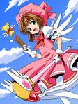  anbe_masahiro bow card cardcaptor_sakura cloud clow_card costume day dress fuuin_no_tsue glove_bow gloves green_eyes hat holding holding_card holding_wand kero kinomoto_sakura magical_girl pantyhose pink_hat short_hair sky staff wand white_gloves wings 