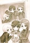  bad_id bad_pixiv_id erica_hartmann gertrud_barkhorn kisetsu military military_uniform minna-dietlinde_wilcke monochrome multiple_girls photo_(object) salute sepia sketch strike_witches traditional_media uniform world_witches_series younger 