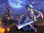  cape disgaea highres laharl male_focus moon night non-web_source official_art red_shorts shorts solo sword wallpaper weapon 