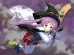  artist_request blue_eyes broom cape copyright_request flying hat highres long_hair moon purple_hair school_uniform solo witch witch_hat 