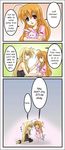  bare_shoulders black_dress blonde_hair brown_hair comic doujinshi dress fate_testarossa from_side looking_at_viewer lyrical_nanoha mahou_shoujo_lyrical_nanoha multiple_girls profile red_eyes sitting talking vivio wariza 