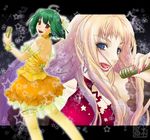  blonde_hair bow earrings green_hair jewelry kazu_(pixiv8325) long_hair macross macross_frontier microphone multiple_girls music orange_skirt ranka_lee red_eyes sheryl_nome short_hair singing skirt star thighhighs 