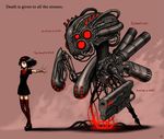  bad_id bad_pixiv_id black_hair copyright_request dress engrish gia gun hairband laser outstretched_arm outstretched_hand ranguage reaching red_eyes robot short_hair striped striped_legwear thighhighs weapon zettai_ryouiki 