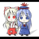  aoblue blonde_hair blue_dress blue_eyes chibi dress fujiwara_no_mokou hat kamishirasawa_keine long_hair long_sleeves looking_at_viewer multiple_girls ofuda red_eyes shirt standing suspenders tate_eboshi touhou very_long_hair white_shirt 