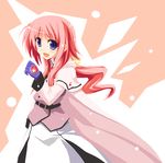  :d belt blush buckle caro_ru_lushe dress kerykeion long_sleeves looking_at_viewer lowres lyrical_nanoha mahou_shoujo_lyrical_nanoha_strikers open_mouth pink_dress ponytail red_hair sailor_collar smile solo standing tareme 