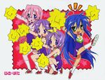  ahoge cheerleader glasses hiiragi_kagami hiiragi_tsukasa horiguchi_yukiko izumi_konata kicking lucky_star mole mole_under_eye multiple_girls non-web_source pom_poms takara_miyuki 