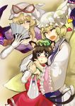  animal_ears bag blonde_hair brown_eyes brown_hair cat_ears chen closed_eyes egawa_rui elbow_gloves fan folding_fan gloves hat heart highres holding long_sleeves multiple_girls one_eye_closed pillow_hat purple_eyes short_hair tassel touhou wide_sleeves yakumo_ran yakumo_yukari 