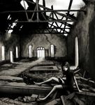 bad_id bad_pixiv_id barefoot black_eyes copyright_request dress gia greyscale monochrome ruins short_hair solo 