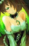  bare_shoulders breasts brown_hair cleavage detached_sleeves dress green_eyes green_hair hair_over_one_eye highres jewelry large_breasts mushroom necklace omphalotus_japonicus oso-teki_kinoko_gijinka_zukan oso_(toolate) personification smile solo 