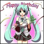  aqua_hair bad_id bad_pixiv_id belt blush confetti detached_sleeves green_eyes happy_birthday hatsune_miku highres long_hair necktie sakurame skirt solo spring_onion twintails very_long_hair vocaloid 