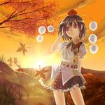  autumn bad_id bad_pixiv_id black_hair hat leaf looking_away red_eyes ribbon shameimaru_aya short_hair skirt solo sunset takemori_shintarou touhou 