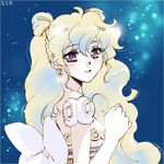  1girl :d ahoge back_bow bad_id bad_pixiv_id bare_shoulders bishoujo_senshi_sailor_moon blonde_hair blue_background blue_hair blush bow character_name cloud_hair cosplay double_bun dress eyebrows_visible_through_hair from_side gown gradient_hair hair_between_eyes huge_bow large_bow lens_flare long_hair looking_at_viewer looking_to_the_side multicolored_hair nia_teppelin open_mouth princess princess_serenity princess_serenity_(cosplay) shoulder_pads simple_background smile solo strapless strapless_dress tengen_toppa_gurren_lagann upper_body white_bow yukimitsuki 