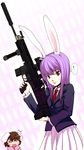  animal_ears assault_rifle brown_hair bunny_ears fn_scar gun highres holding holding_gun holding_weapon inaba_tewi long_hair mizu multiple_girls reisen_udongein_inaba rifle short_hair skirt suppressor touhou trembling trigger_discipline weapon 