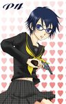  androgynous bad_id bad_pixiv_id blue_eyes blue_hair blush finger_on_trigger glasses gun handgun heart holding holding_gun holding_weapon houndstooth persona persona_4 reverse_trap revolver school_uniform serafuku shirogane_naoto short_hair skirt solo take_michi weapon yasogami_school_uniform 