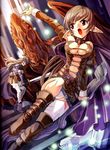  armor boots breasts brown_hair cape cleavage copyright_request dragon highres large_breasts long_hair multiple_girls non-web_source panties pantyshot pointy_ears red_eyes sonobe_kazuaki sword thighhighs underwear weapon 