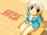  aoki_ume blonde_hair blush brown_eyes hidamari_sketch highres long_hair looking_at_viewer miyako official_art panties sitting smile solo sports_bra underwear wallpaper 