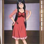  90s aa_megami-sama black_hair blush breasts cleavage closed_eyes dress earrings facial_mark forehead_mark jewelry large_breasts long_hair older screencap skuld stitched third-party_edit very_long_hair 