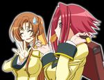  ashford_academy_uniform blue_eyes closed_eyes code_geass food food_in_mouth gambler_club kallen_stadtfeld long_hair mouth_hold multiple_girls orange_hair red_hair school_uniform shirley_fenette short_hair sweatdrop toast toast_in_mouth 