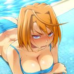 angry ass bikini blush breasts cleavage collarbone dimples_of_venus glaring hairu large_breasts lowres lying my-hime on_stomach orange_hair pool poolside purple_eyes short_hair solo swimsuit tokiha_mai tsundere wavy_mouth wet 