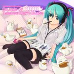  aqua_hair bad_id bad_pixiv_id bird duck food green_eyes hatsune_miku headphones long_hair magazine mishima_yoshikatsu mouth_hold pocky reading sitting solo thighhighs twintails vocaloid 