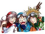  2boys :d ;d brown_gloves brown_hair dragon_quest dragon_quest_ii gloves hanbu_hantarou looking_at_viewer looking_up multiple_boys one_eye_closed open_mouth prince_of_lorasia prince_of_samantoria princess_of_moonbrook purple_hair red_eyes simple_background smile spiked_hair v white_background 