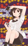  autumn_leaves black_skirt brown_hair looking_at_viewer pom_pom_(clothes) puffy_short_sleeves puffy_sleeves red_eyes sacha shameimaru_aya short_hair short_sleeves sitting skirt solo touhou 