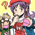  :d ? character_doll dragon_quest dragon_quest_ii earrings goggles goggles_on_head hanbu_hantarou jewelry long_hair lowres open_mouth prince_of_lorasia prince_of_samantoria princess_of_moonbrook puppet purple_hair red_eyes simple_background smile solo thinking upper_body very_long_hair yellow_background 