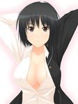  absurdres amagami arms_behind_head bad_id bad_pixiv_id black_hair breasts cleavage halftone halftone_background highres hinata_nao large_breasts nanasaki_ai no_bra open_clothes open_shirt parted_lips shirt short_hair solo 