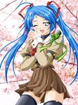  akimoto_dai blue_eyes blue_hair cherry_blossoms graduation long_hair non-web_source original school_uniform solo tears thighhighs twintails 